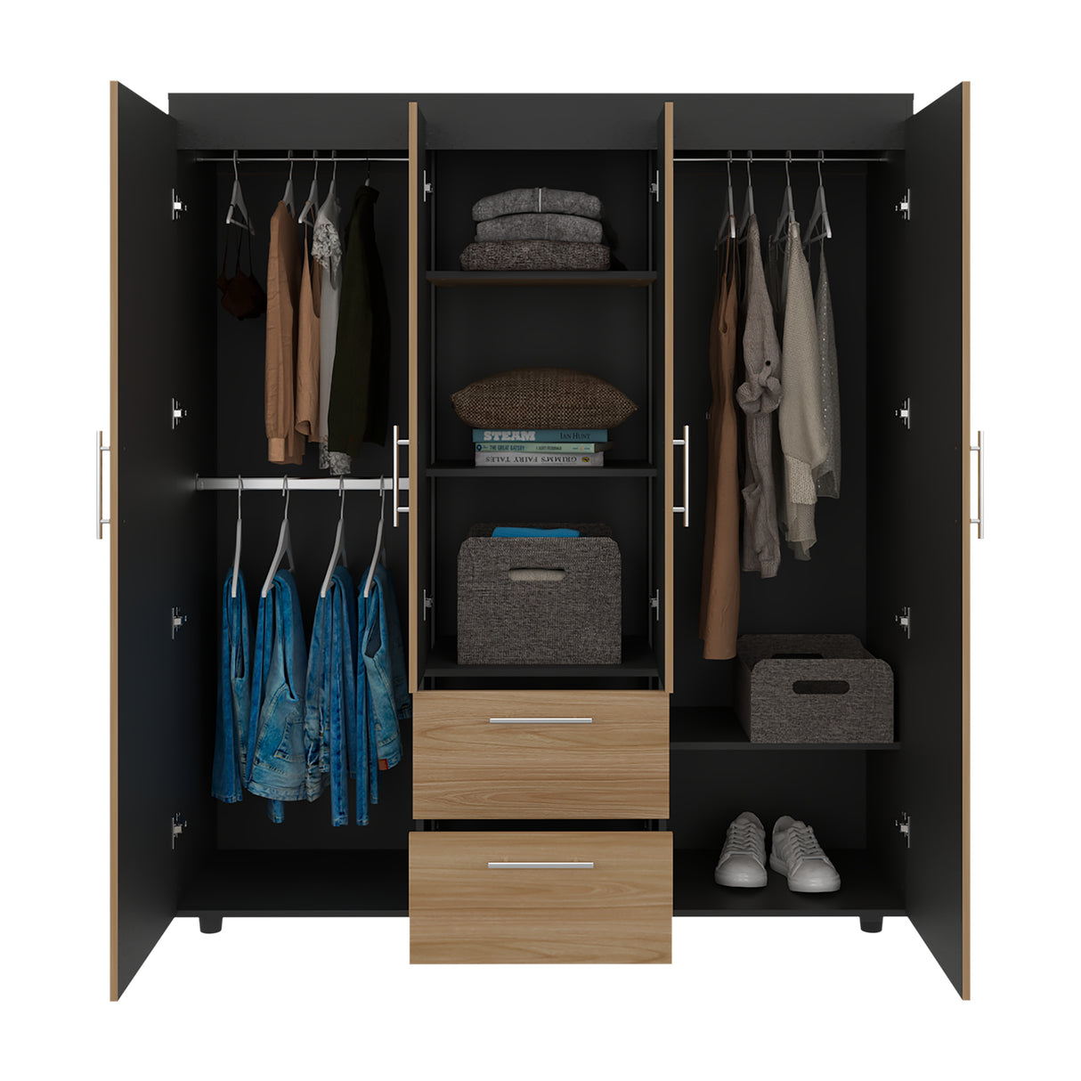 Closet Marcus Wengue y Fresno 150.3x170cm con Cuatro Puertas y con Nueve Compartimientos - CLOSETS | Bylmo