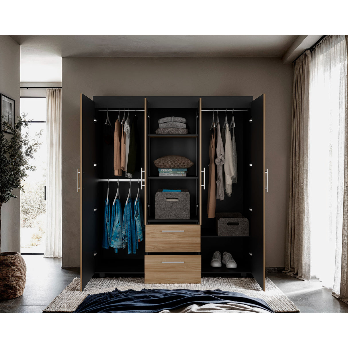 Closet Marcus Wengue y Fresno 150.3x170cm con Cuatro Puertas y con Nueve Compartimientos - CLOSETS | Bylmo