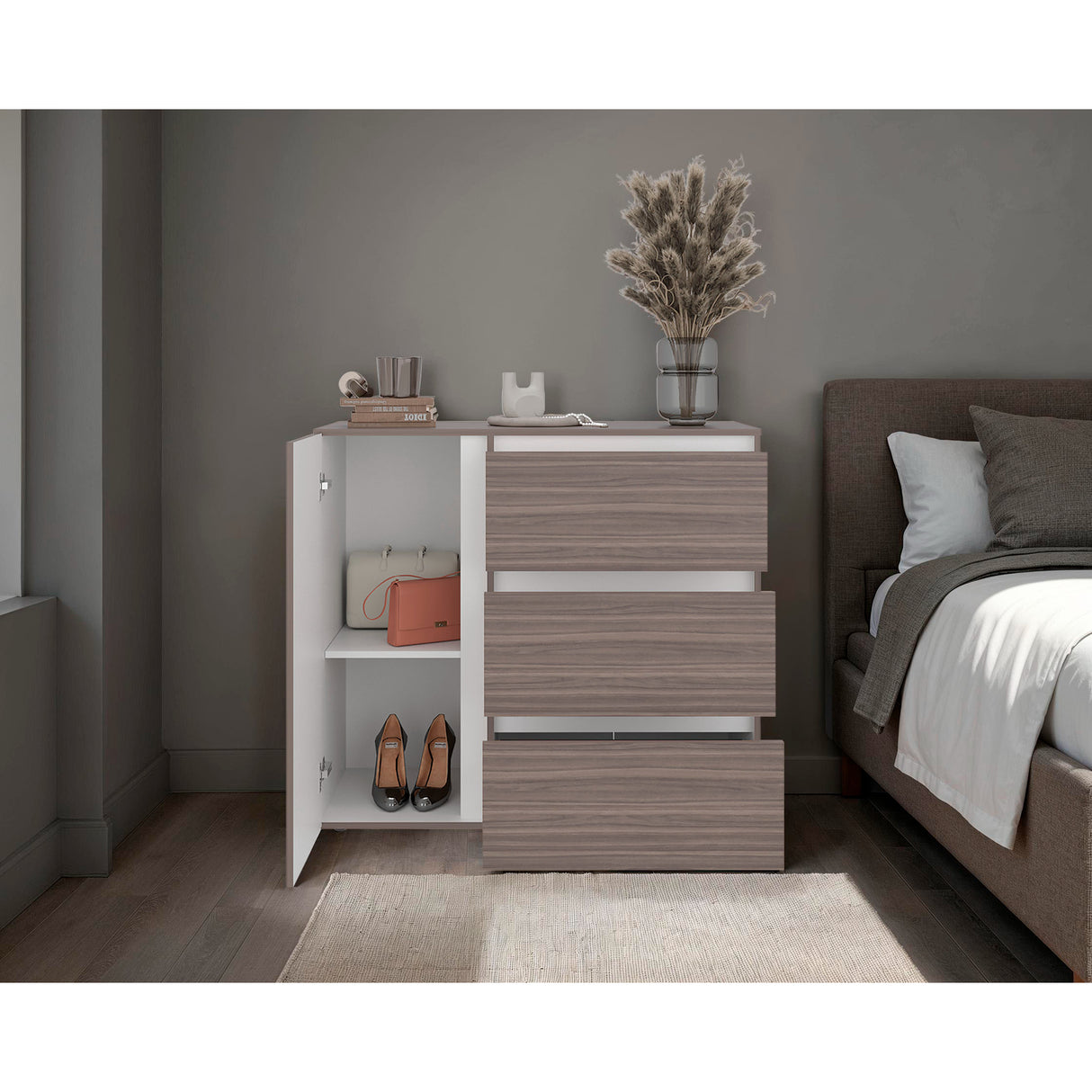 Cómoda Niza Avellana y Blanco 100x91cm de Tres Hileras con Tres Cajones - CAJONERAS Y COMODAS | Bylmo