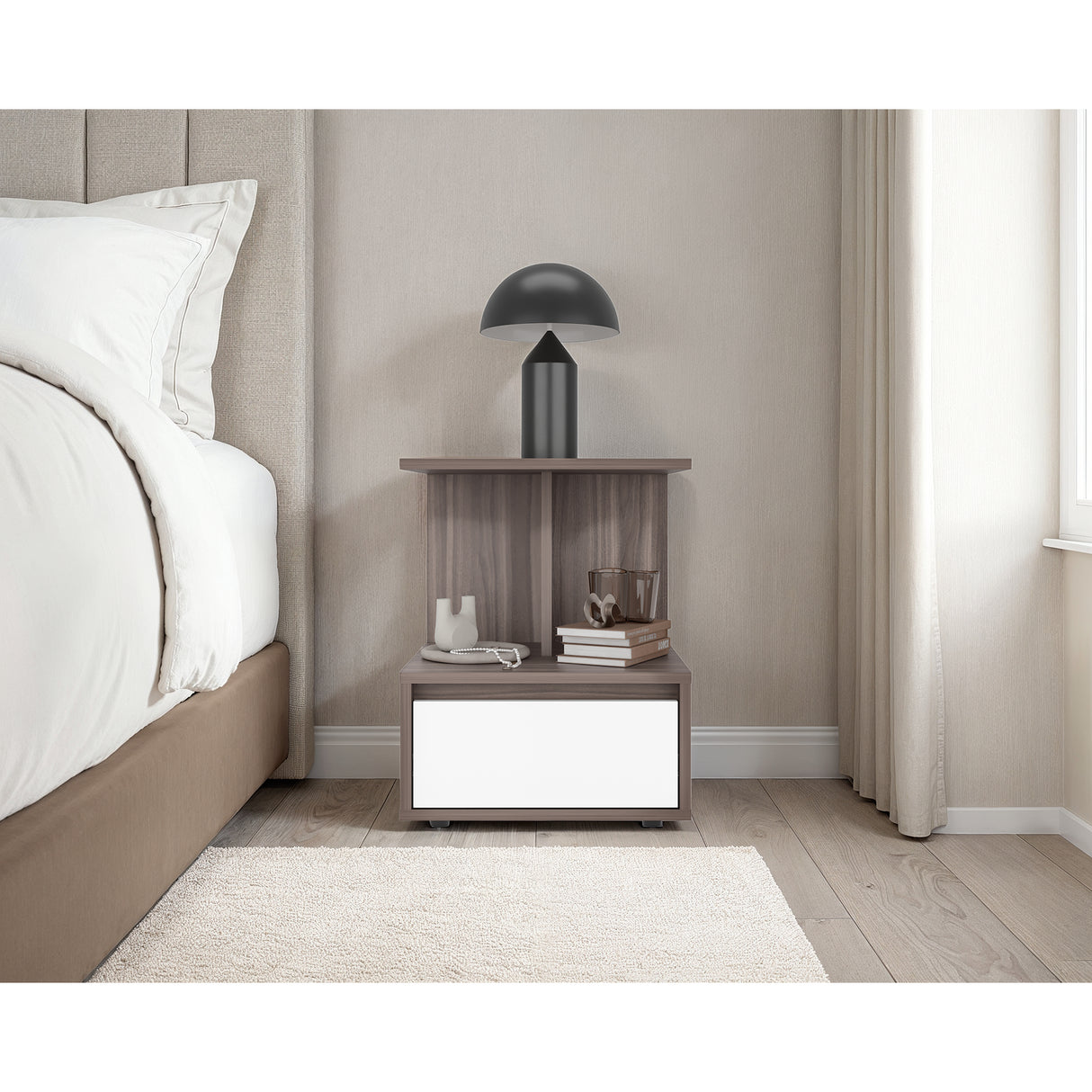 Mesa de Noche Miki Avellana y Blanco 40x51.6cm con Un Cajón y Con Tres Compartimientos - MESAS DE NOCHE | Bylmo