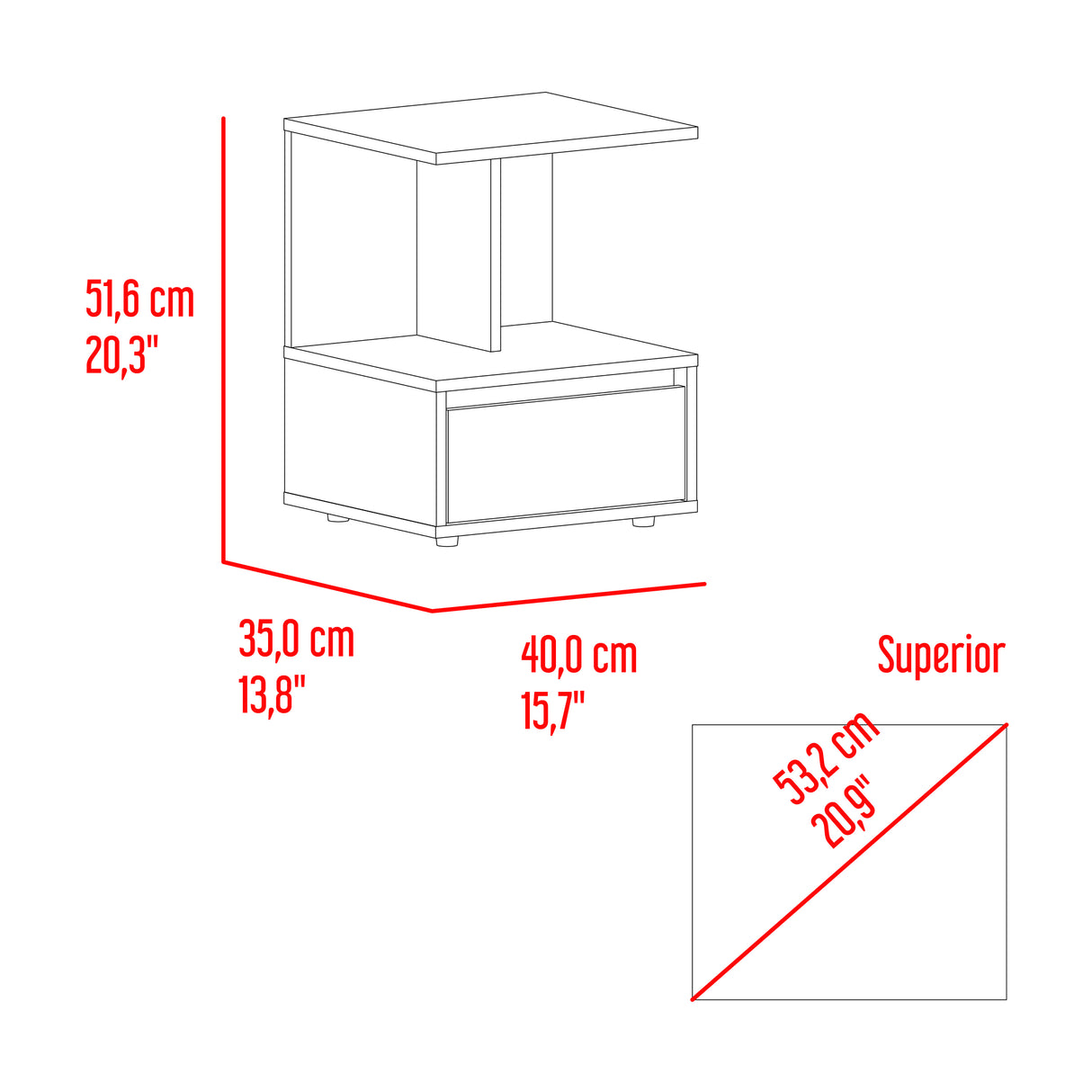 Mesa de Noche Miki Avellana y Blanco 40x51.6cm con Un Cajón y Con Tres Compartimientos - MESAS DE NOCHE | Bylmo