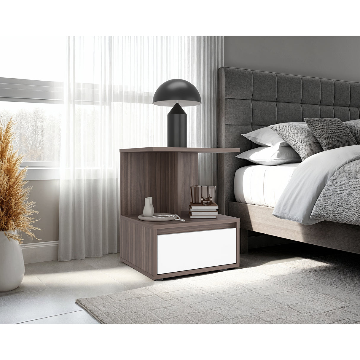 Mesa de Noche Miki Avellana y Blanco 40x51.6cm con Un Cajón y Con Tres Compartimientos - MESAS DE NOCHE | Bylmo