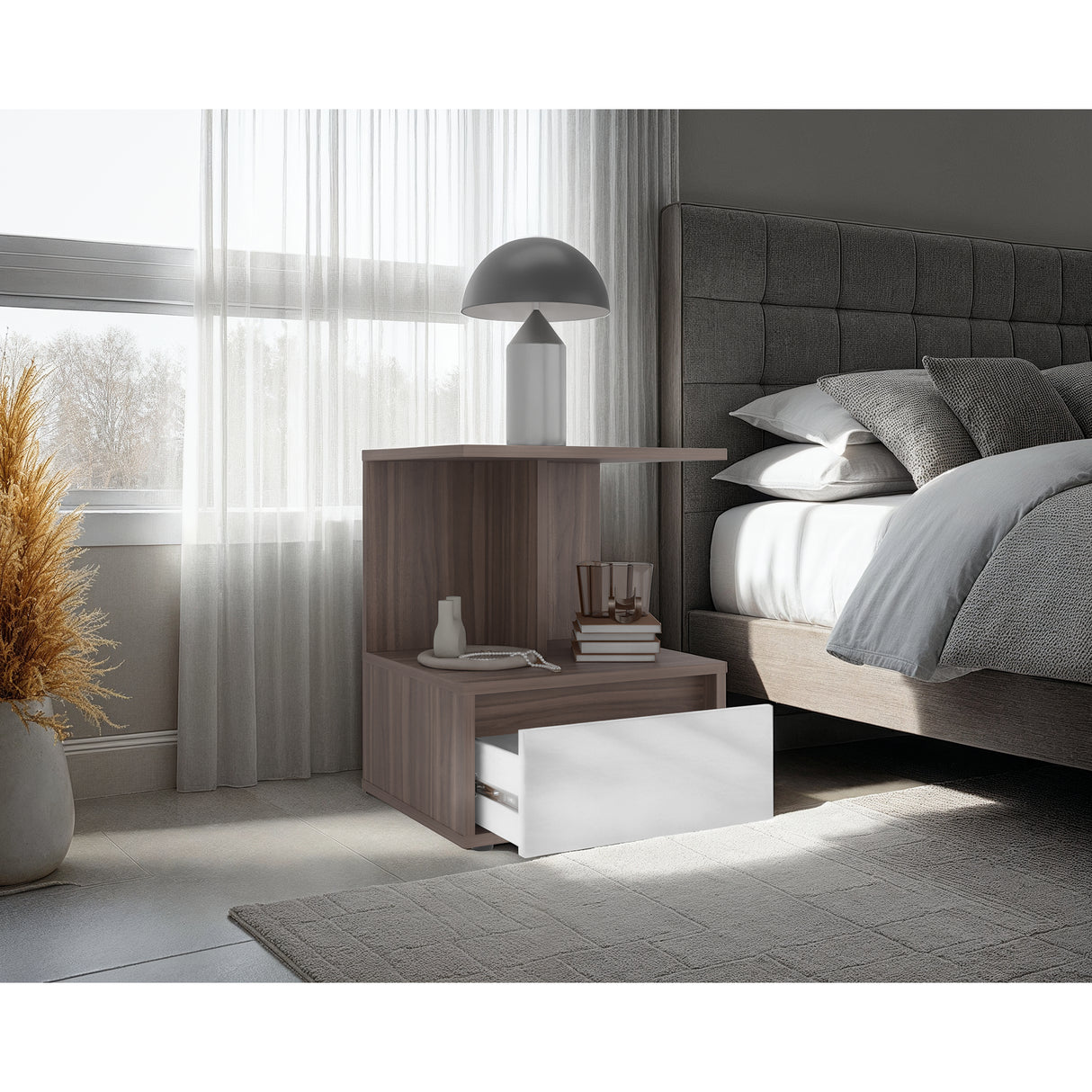 Mesa de Noche Miki Avellana y Blanco 40x51.6cm con Un Cajón y Con Tres Compartimientos - MESAS DE NOCHE | Bylmo