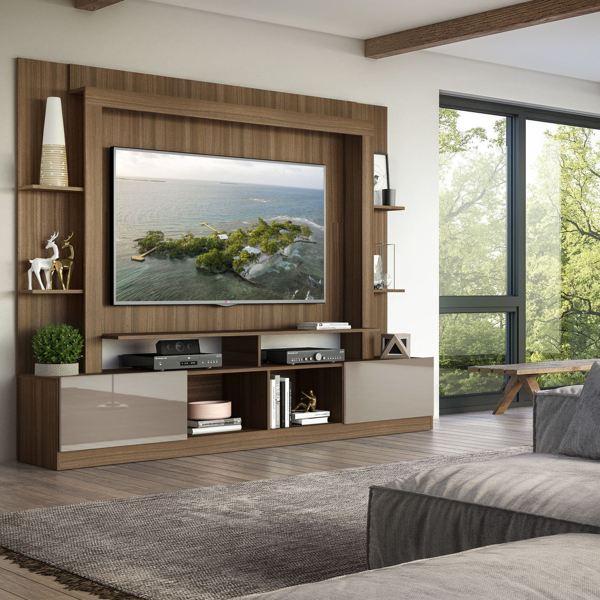 Centro de Entretenimiento Berlín Café 213x171cm Para TV Hasta 65" Pulgadas con Dos Comportimientos - MUEBLES DE TV | Bylmo