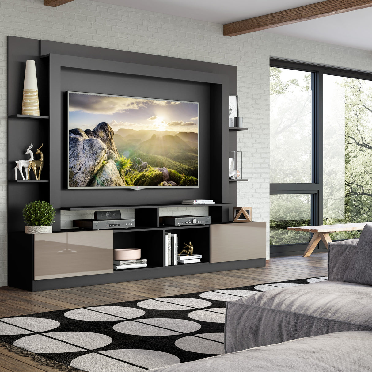 Centro de Entretenimiento Berlín Negro 213x171cm Para TV Hasta 65" Pulgadas con Dos Comportimientos