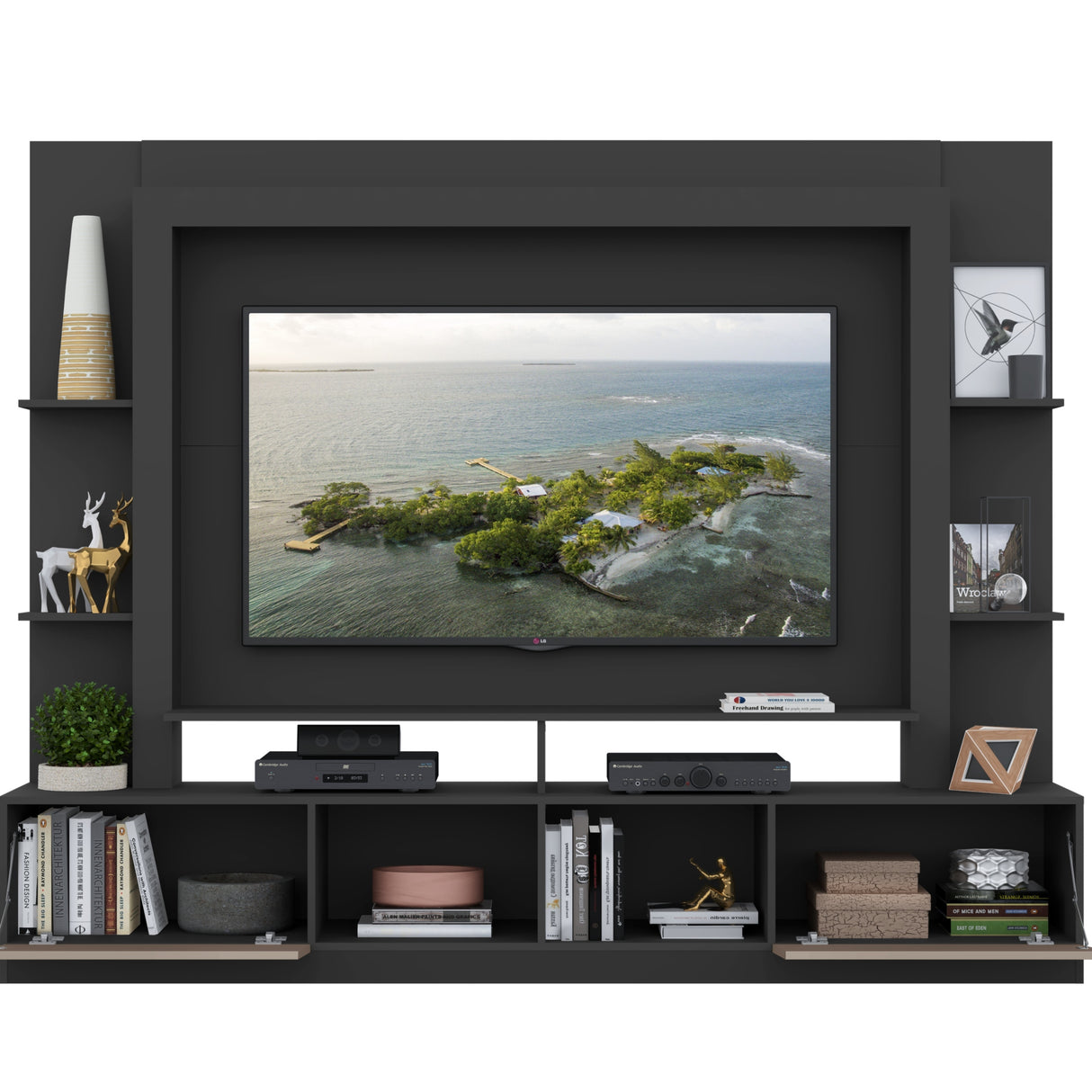 Centro de Entretenimiento Berlín Negro 213x171cm Para TV Hasta 65" Pulgadas con Dos Comportimientos
