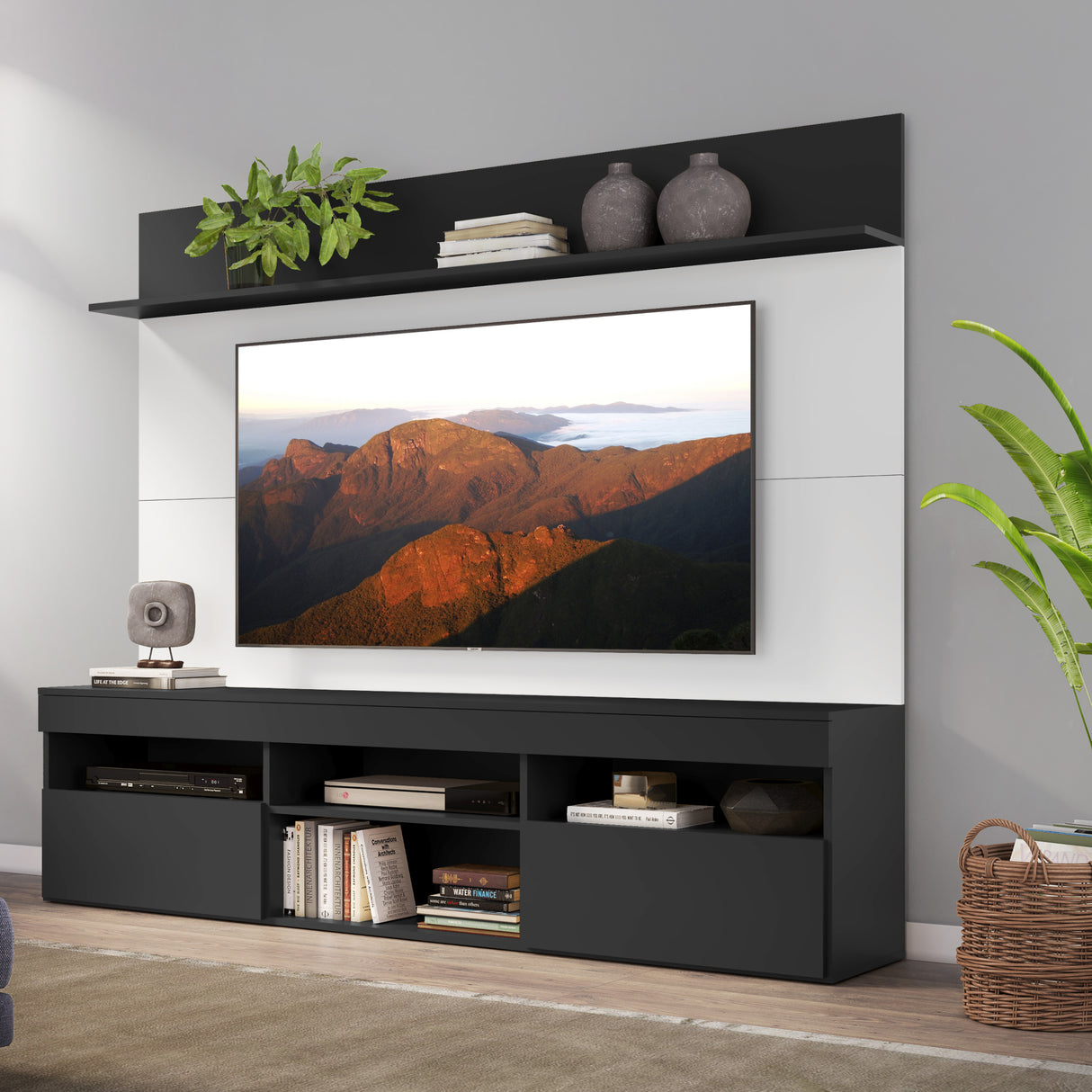 Centro de Entretenimiento Madrid Blanco y Negro 175x116cm Para TV Hasta 75" Pulgadas con Tres Comportimientos