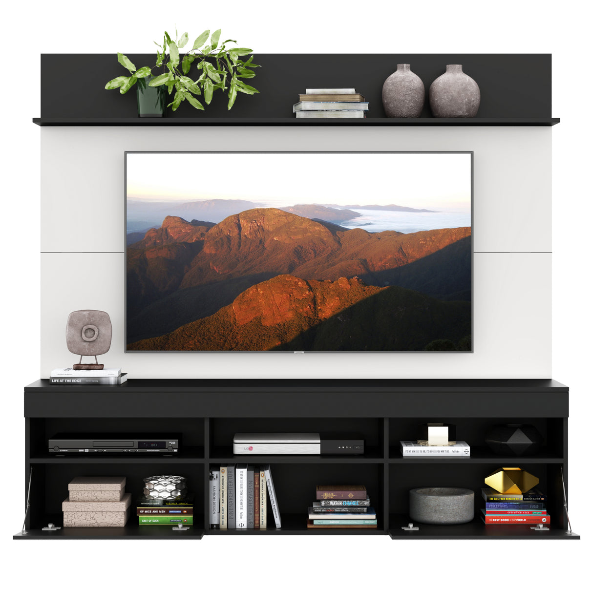 Centro de Entretenimiento Madrid Blanco y Negro 175x116cm Para TV Hasta 75" Pulgadas con Tres Comportimientos - MUEBLES DE TV | Bylmo