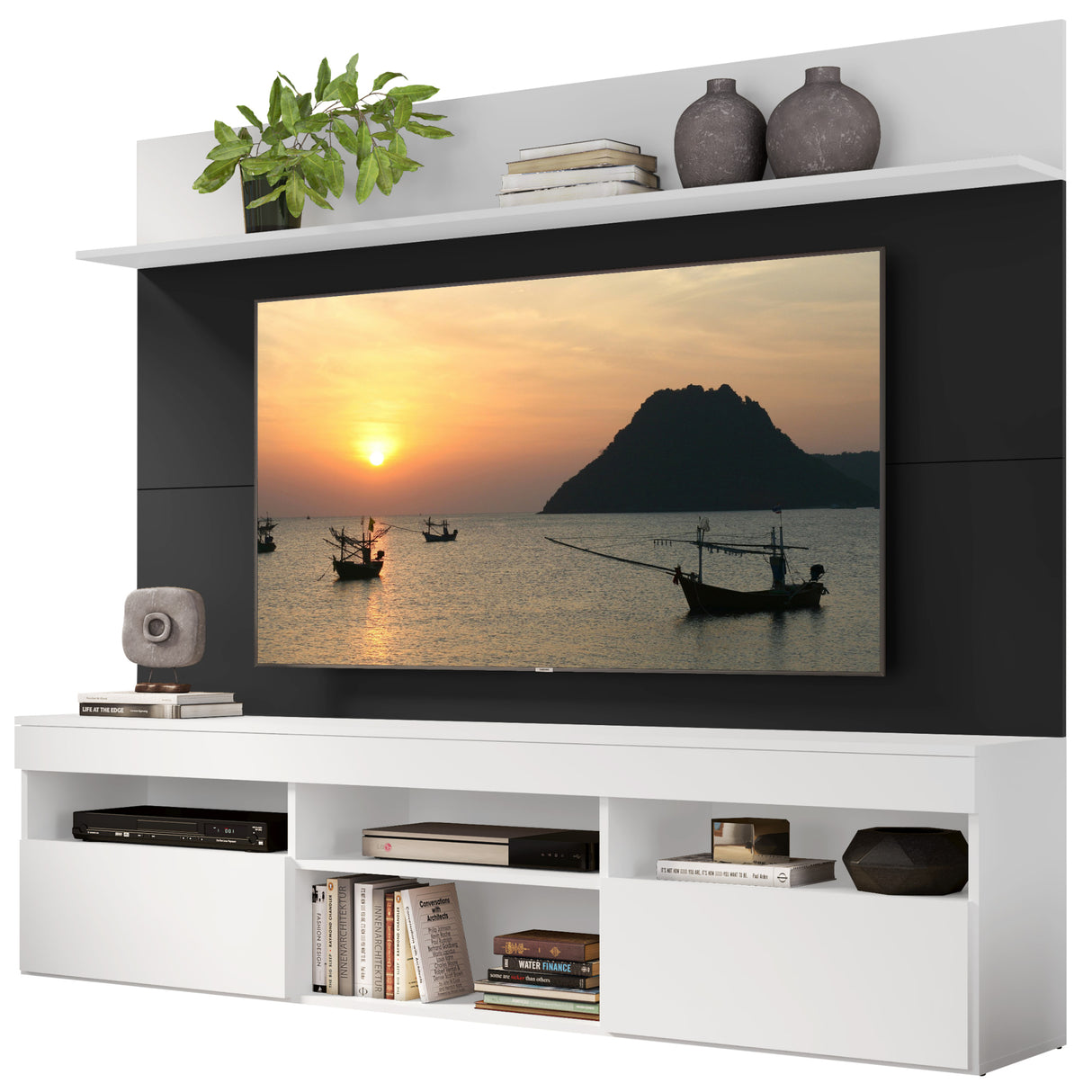Centro de Entretenimiento Madrid Negro y Blanco 175x116cm Para TV Hasta 75" Pulgadas con Tres Comportimientos - MUEBLES DE TV | Bylmo