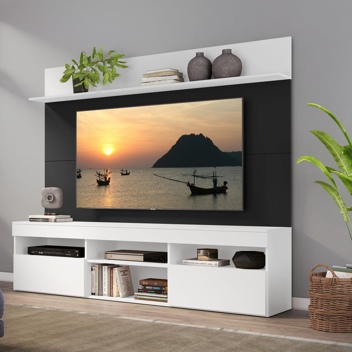 Centro de Entretenimiento Madrid Negro y Blanco 175x116cm Para TV Hasta 75" Pulgadas con Tres Comportimientos - MUEBLES DE TV | Bylmo