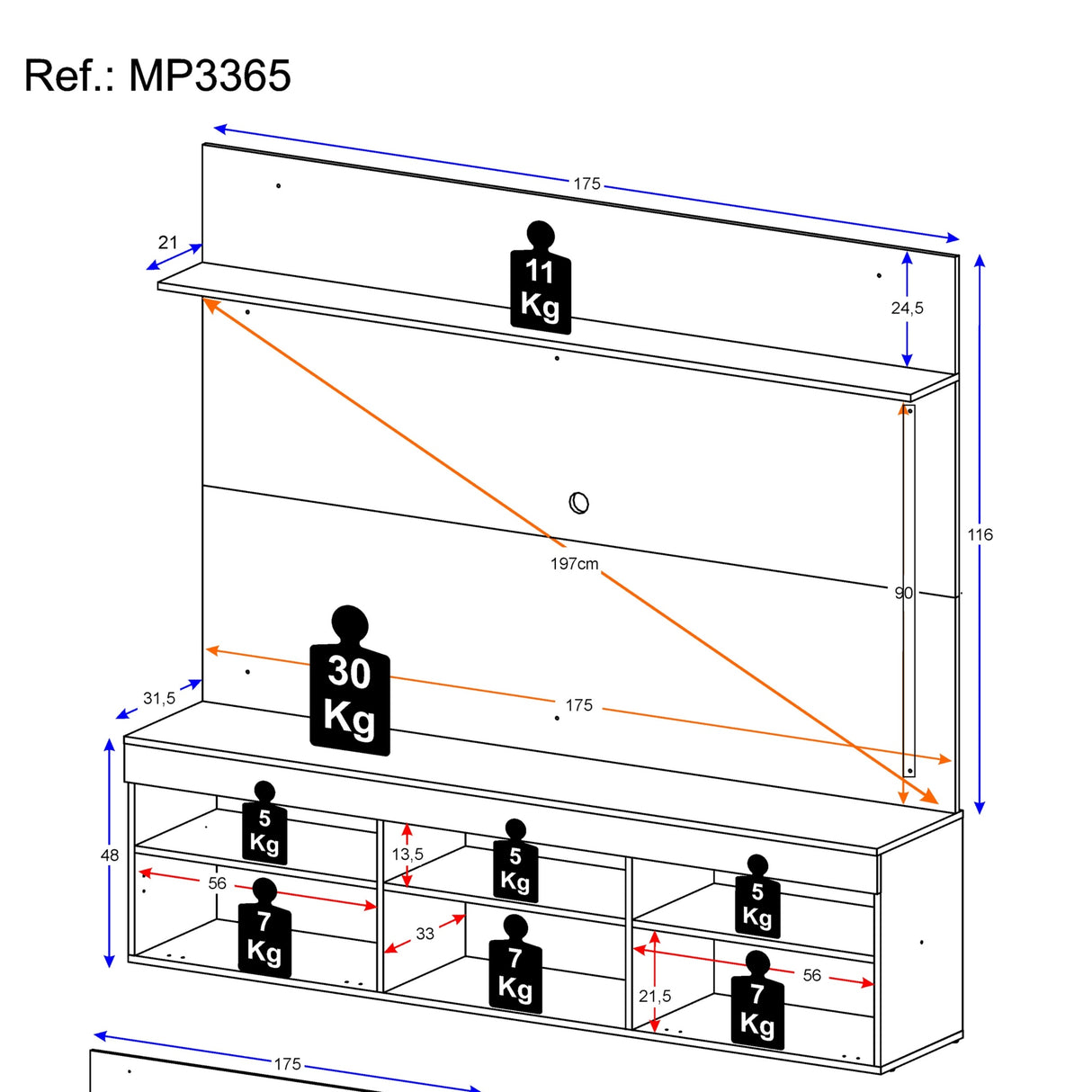 Centro de Entretenimiento Madrid Blanco 175x116cm Para TV Hasta 75" Pulgadas con Tres Comportimientos - MUEBLES DE TV | Bylmo