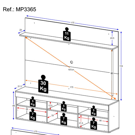 Centro de Entretenimiento Madrid Blanco 175x116cm Para TV Hasta 75" Pulgadas con Tres Comportimientos - MUEBLES DE TV | Bylmo