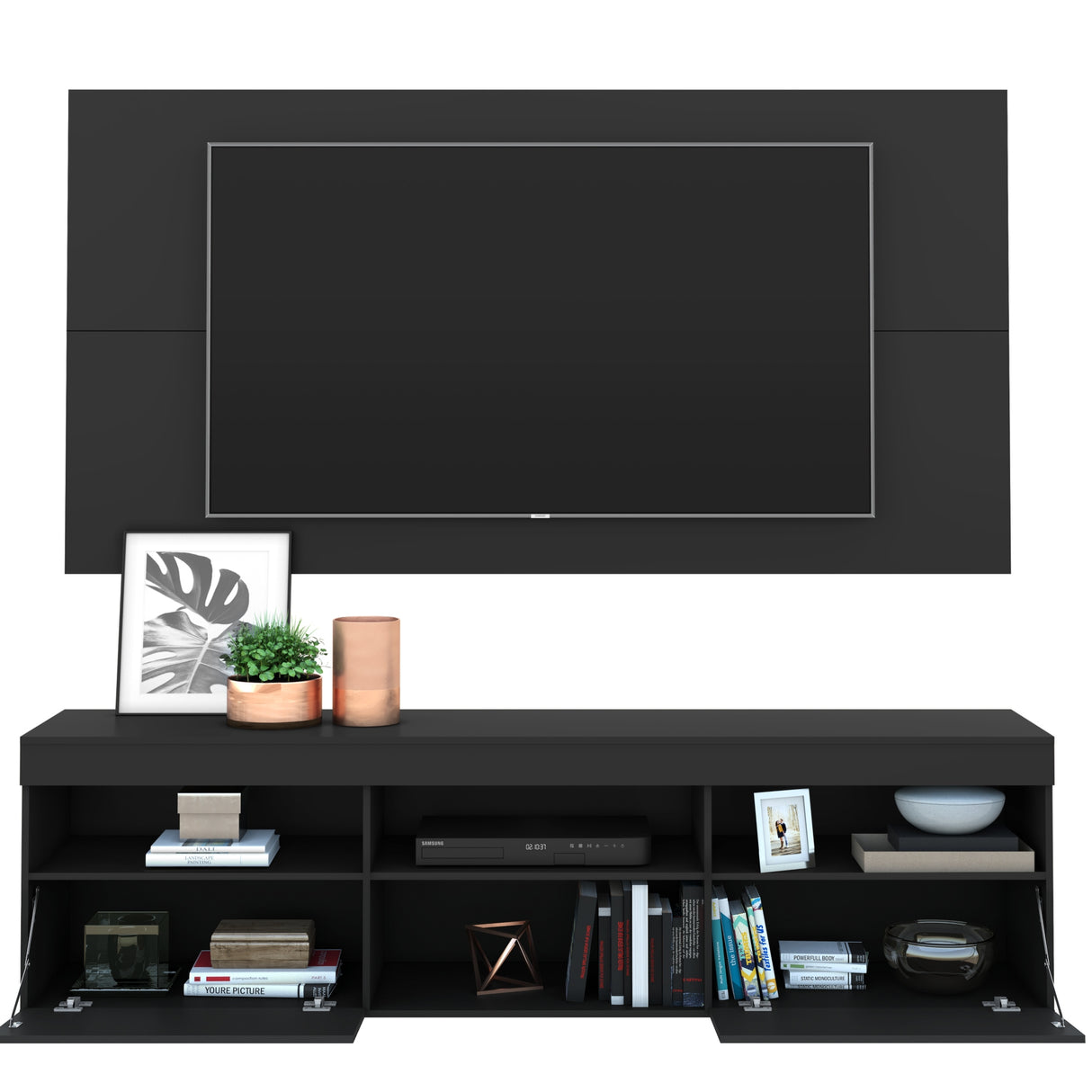 Centro de Entretenimiento Florida Negro 175x90cm Para TV Hasta 65" Pulgadas con Tres Comportimientos - MUEBLES DE TV | Bylmo