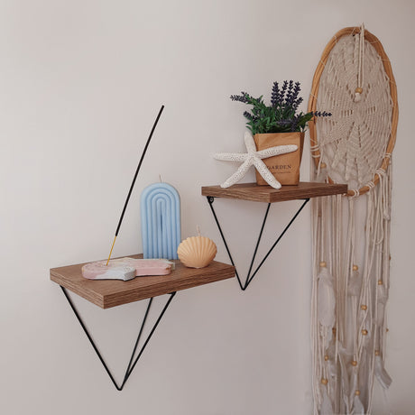 Set de 2 Repisas Cherry Negro y Madera Natural 20x21cm Triangular con Dos Entrepaños - REPISAS | Bylmo