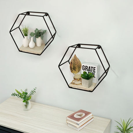 Repisa Madera Natural y Negro 30x30cm Hexagonal con Un Entrepaño - REPISAS | Bylmo