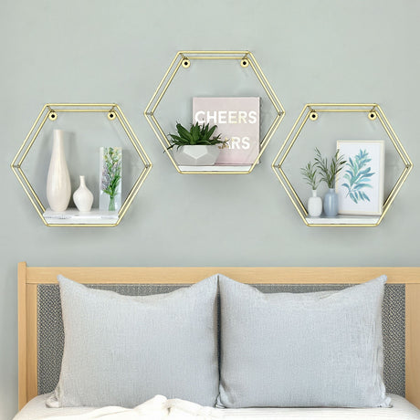 Repisa Blanco y Dorado 30x30cm Hexagonal con Un Entrepaño - REPISAS | Bylmo