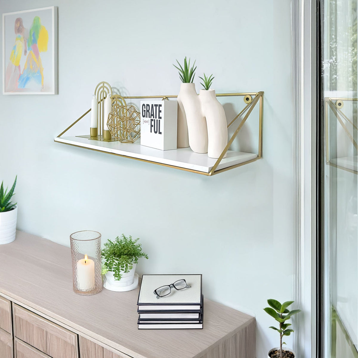 Repisa Novo Blanco y Dorado 60x15cm Rectangular con Un Entrepaño