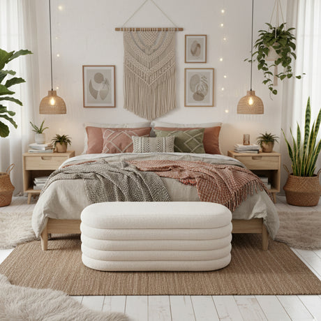 Puff Blanco Almendra 120x40cm De Dos Puestos con Almacenamiento - SOFAS Y POLTRONAS | Bylmo