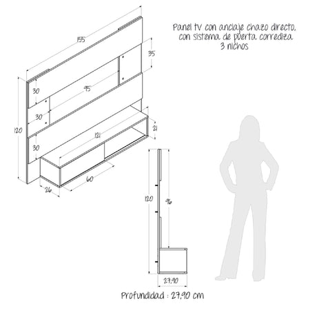 Panel de TV Soren Niebla y Blanco 155x120cm Flotante para Tv Hasta 65" Pulgadas con Un Cajón y Un Compartimiento - MUEBLES DE TV | Bylmo