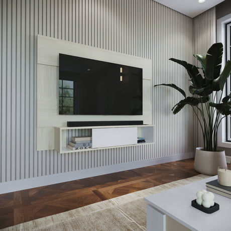 Panel de TV Soren Niebla y Blanco 155x120cm Flotante para Tv Hasta 65" Pulgadas con Un Cajón y Un Compartimiento - MUEBLES DE TV | Bylmo