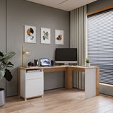 Escritorio en L Sol Duna y Blanco 174x73cm con Dos Cajones - ESCRITORIOS | Bylmo