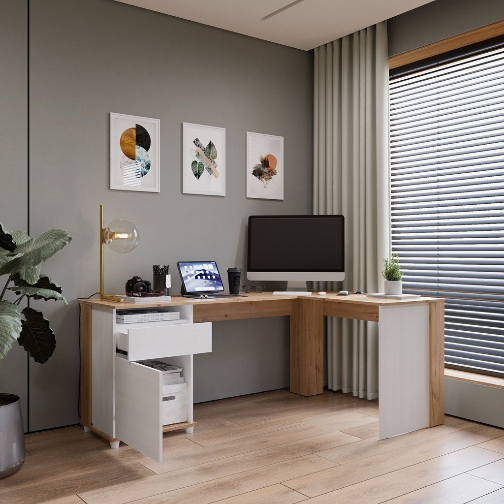 Escritorio en L Sol Duna y Blanco 174x73cm con Dos Cajones - ESCRITORIOS | Bylmo