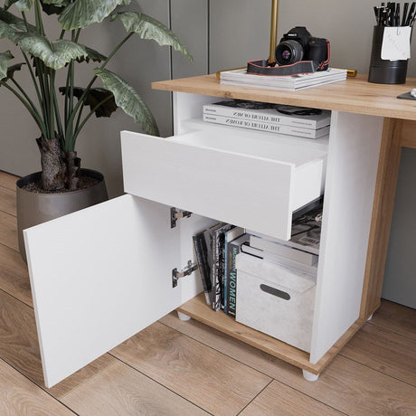 Escritorio en L Sol Duna y Blanco 174x73cm con Dos Cajones - ESCRITORIOS | Bylmo