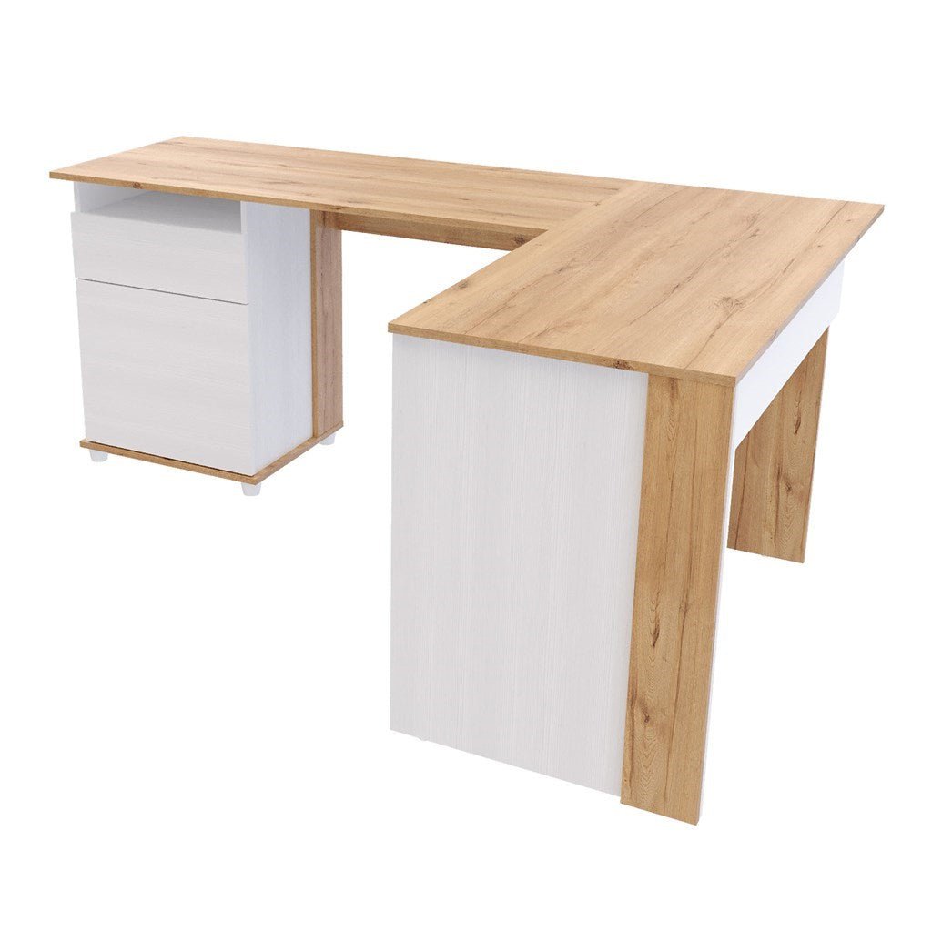 Escritorio en L Sol Duna y Blanco 174x73cm con Dos Cajones - ESCRITORIOS | Bylmo