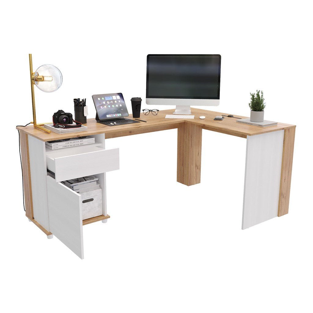 Escritorio en L Sol Duna y Blanco 174x73cm con Dos Cajones - ESCRITORIOS | Bylmo
