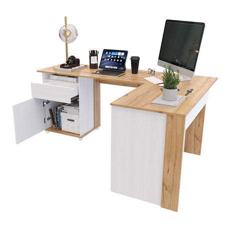 Escritorio en L Sol Duna y Blanco 174x73cm con Dos Cajones - ESCRITORIOS | Bylmo