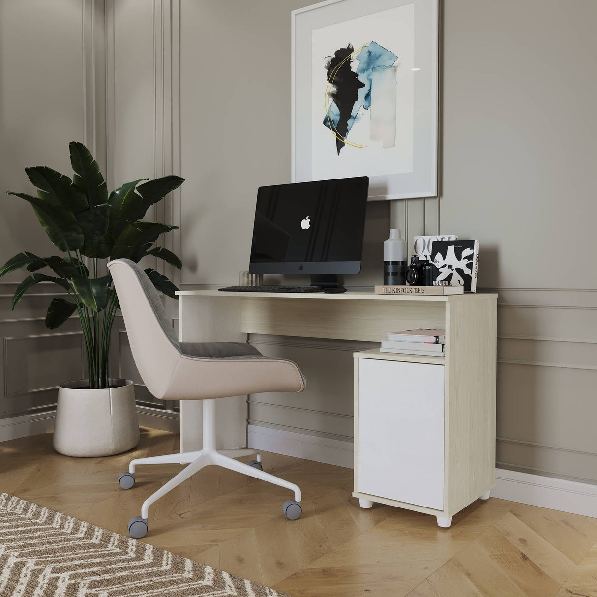 Escritorio Soren Niebla y Blanco 73x73cm con Un Cajón - ESCRITORIOS | Bylmo