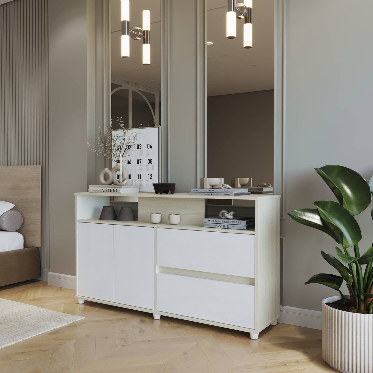 Cómoda Soren Niebla y Blanco 140x79cm de Dos Hileras con Dos Cajones - CAJONERAS Y COMODAS | Bylmo