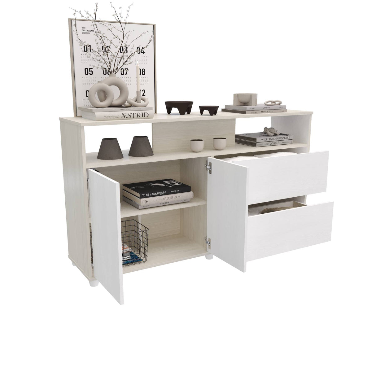 Cómoda Soren Niebla y Blanco 140x79cm de Dos Hileras con Dos Cajones - CAJONERAS Y COMODAS | Bylmo