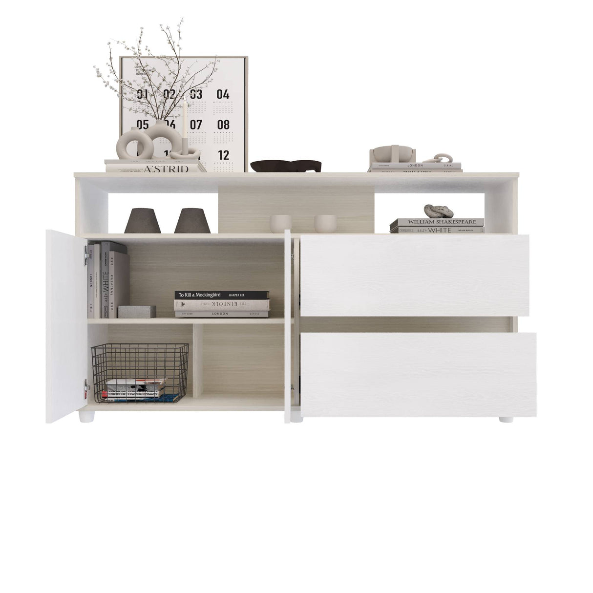 Cómoda Soren Niebla y Blanco 140x79cm de Dos Hileras con Dos Cajones - CAJONERAS Y COMODAS | Bylmo