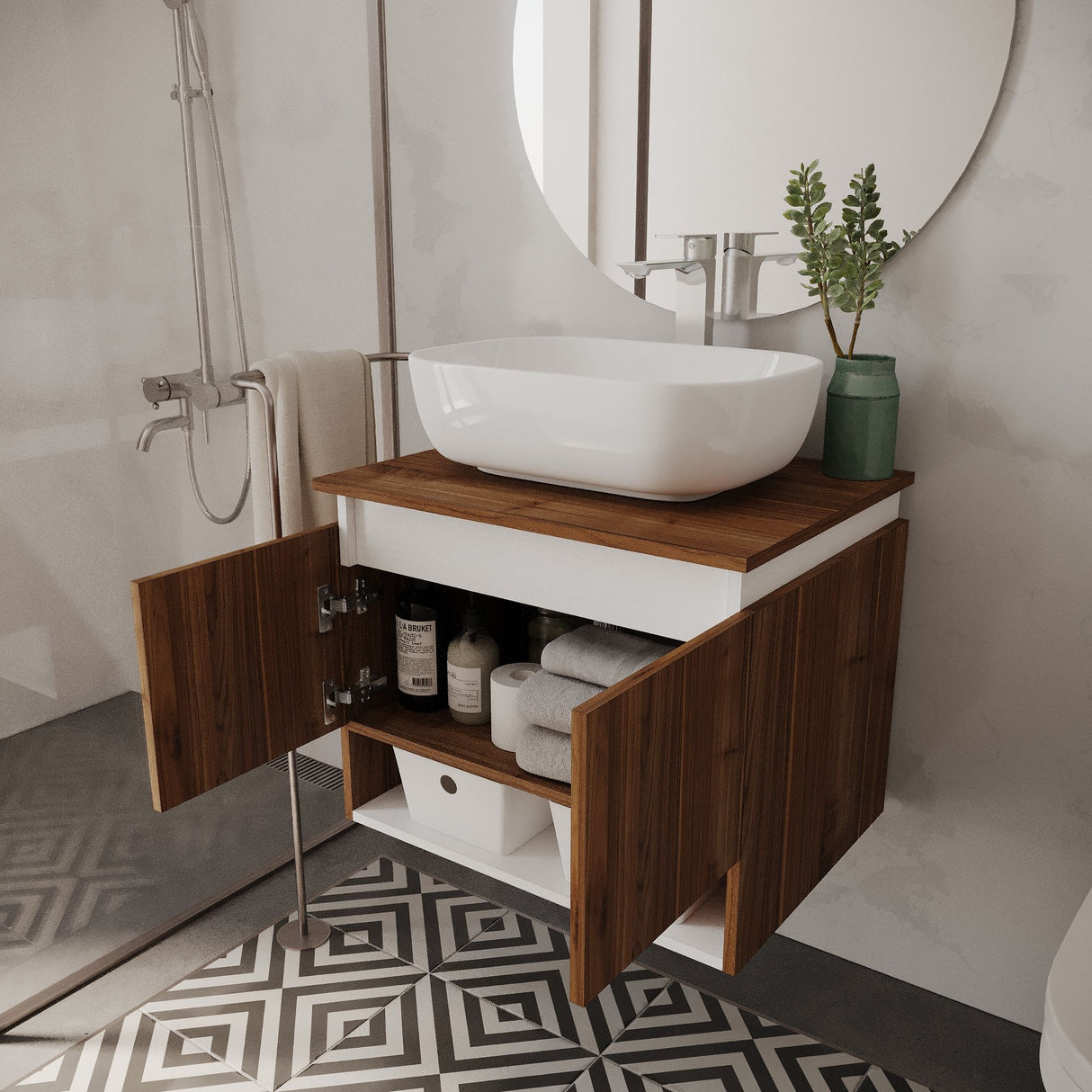 Mueble para Lavamanos Ben Gales y Blanco 60x48cm Flotente Individual sin Lavamanos con Un Cajón y Dos Puertas - MUEBLES PARA LAVAMANOS | Bylmo