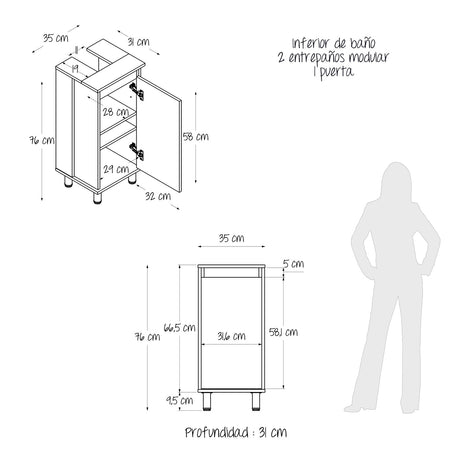 Mueble para Lavamanos Frank Duna y Blanco 35x76cm Individual sin Lavamanos con Un Cajón y Una Puerta - MUEBLES PARA LAVAMANOS | Bylmo