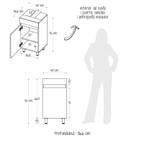 Mueble para Lavamanos Liam Niebla y Blanco 40x76cm Individual sin Lavamanos con Un Cajón y Una Puerta - MUEBLES PARA LAVAMANOS | Bylmo