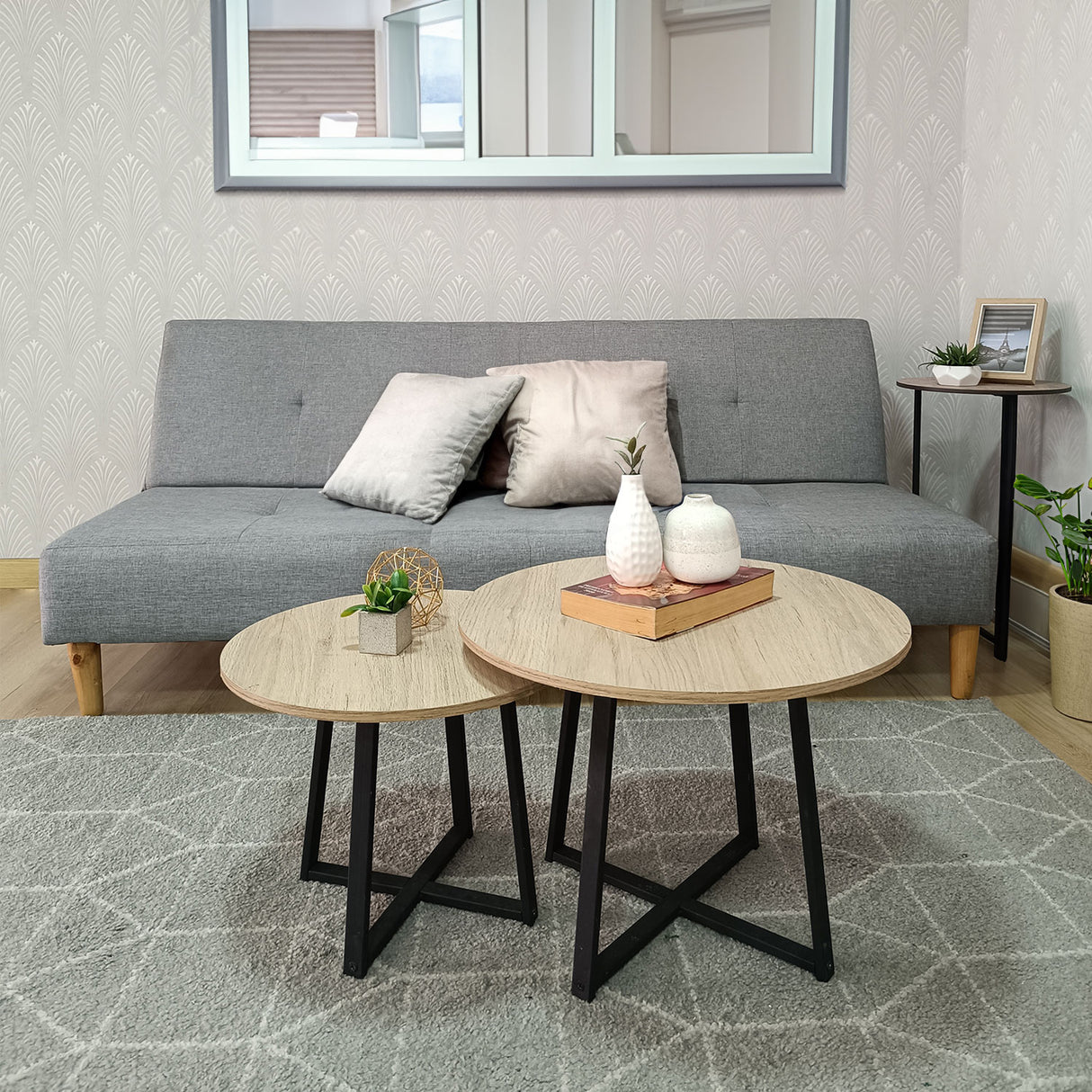 Set X 2 Mesas de Centro Turín Madera Natural y Negro 52x40cm Circulares - MESAS DE CENTRO | Bylmo