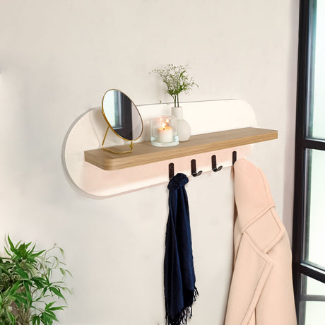 Perchero Agata Fresno y Blanco 45x14.5cm de Pared con Cuatro Ganchos - PERCHEROS | Bylmo