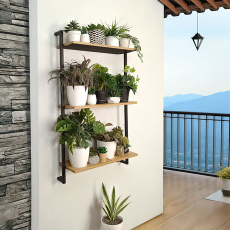 Estantería para Macetas Bruselas Madera Natural y Negro 62x100cm Escalera de Tres Niveles - BASES PARA MACETAS DE INTERIOR | Bylmo