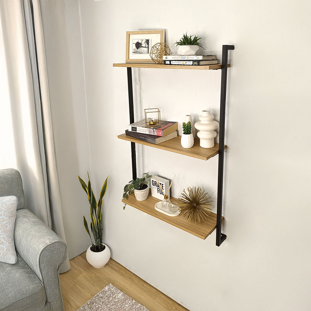 Estantería para Macetas Bruselas Madera Natural y Negro 62x100cm Escalera de Tres Niveles - BASES PARA MACETAS DE INTERIOR | Bylmo