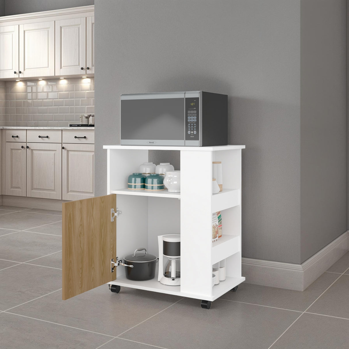 Mueble Microondas Blanco y Fresno 60x73.5cm Sin Cajones con Una Puerta - ALACENAS Y MUEBLES MICROONDAS | Bylmo