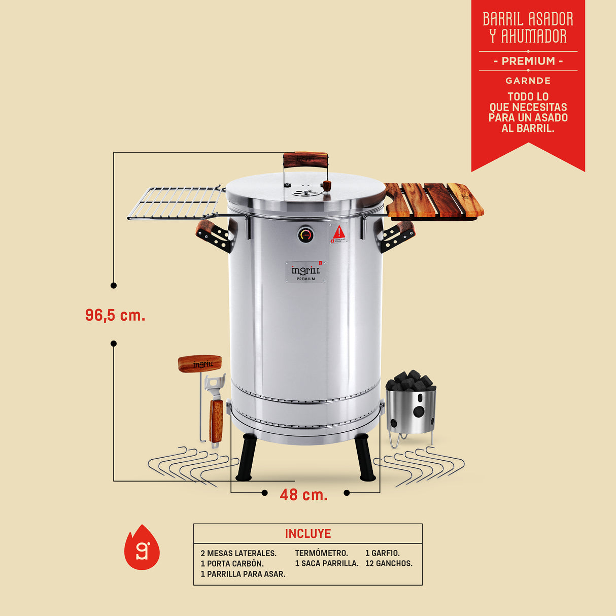 Barril Ahumador Premium Plateado 48x96.5cm Para 40 Libras con Termómetro y Control de Ventilación - BARRILES Y AHUMADORES | Bylmo