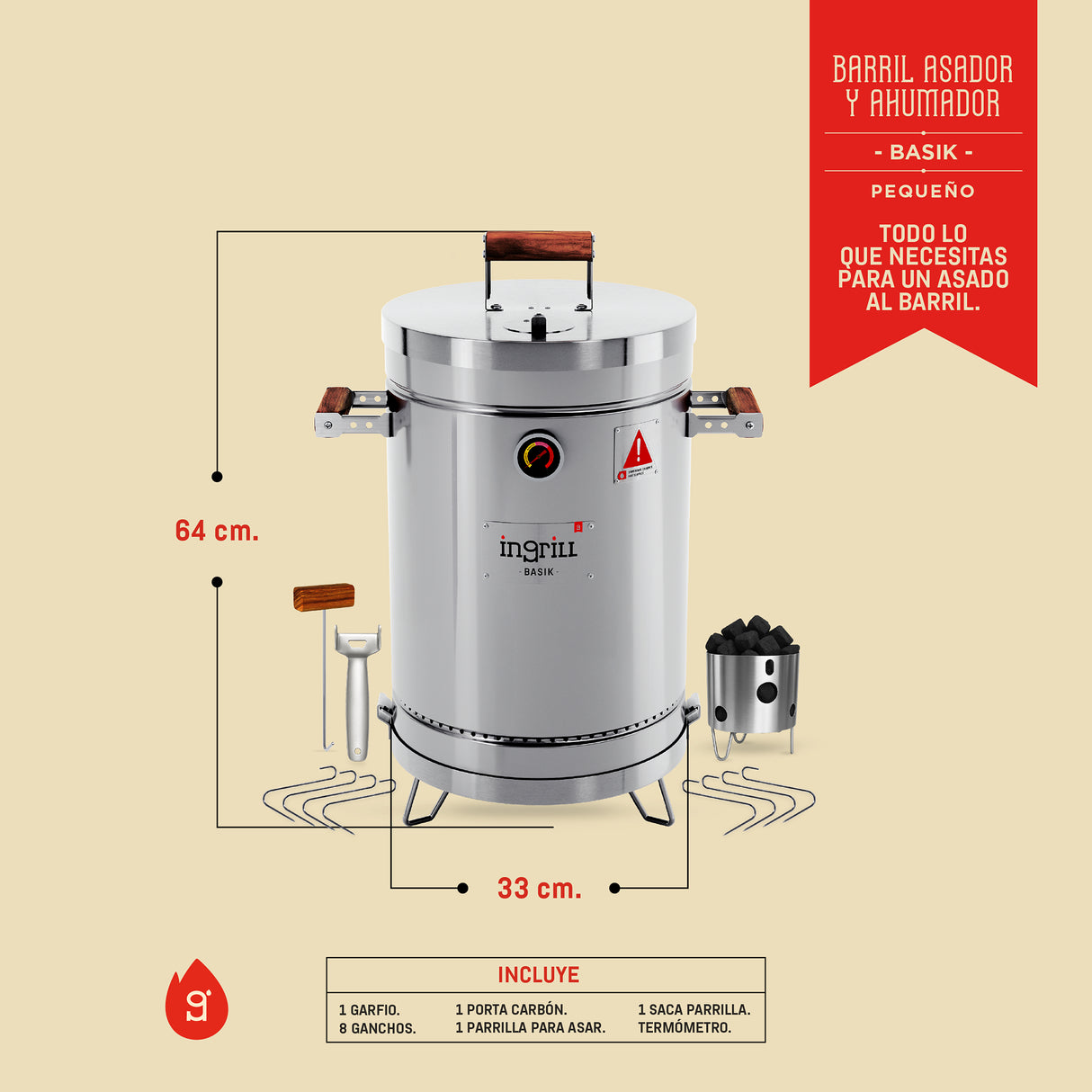 Barril Ahumador Basik Plateado 33x64cm Para 12 Libras con Termómetro y Control de Ventilación - BARRILES Y AHUMADORES | Bylmo