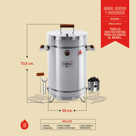 Barril Ahumador Basik Plateado 39x73.5cm Para 25 Libras con Termómetro y Control de Ventilación - BARRILES Y AHUMADORES | Bylmo
