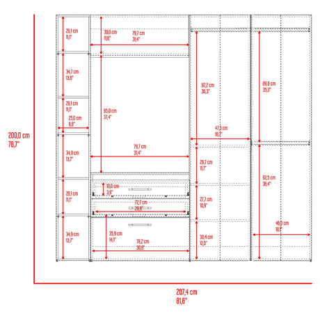 Closet Brunson Fresno y Wengue 207.4x200.2cm con Dos Cajones y Quince Compartimientos - CLOSETS | Bylmo