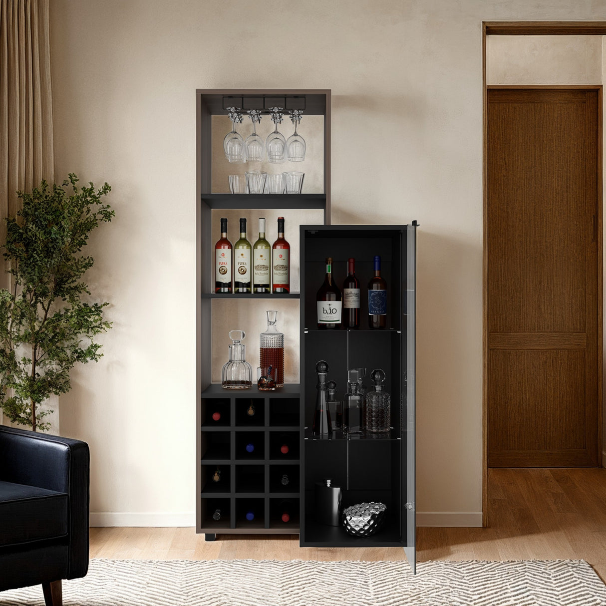 Bar Ozzy Wengue y Capri 80.9x175cm con Siete Compartimientos con Doce Portacopas y con Ocho Portabotellas - BARES | Bylmo