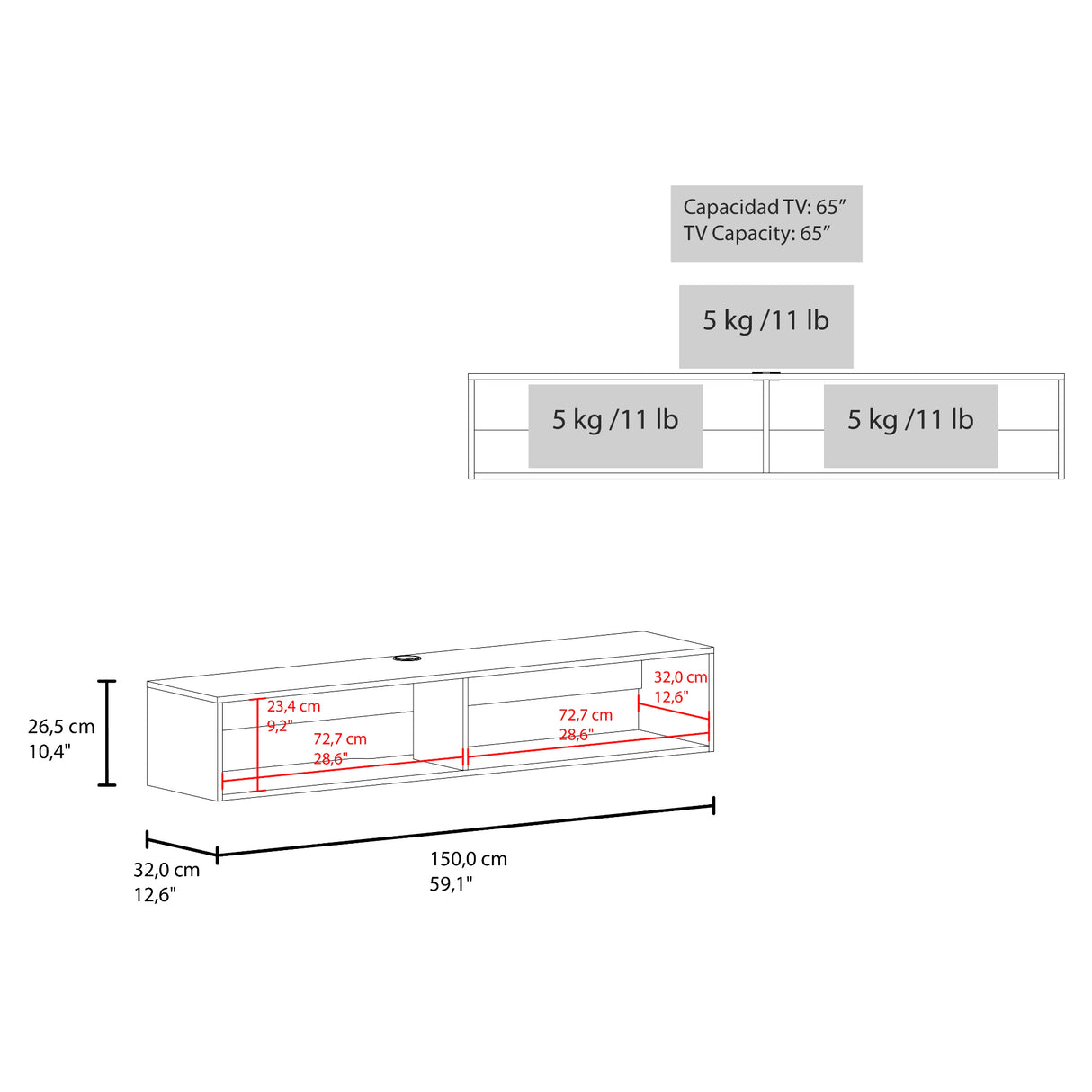 Rack de TV Avellana 150x26.5cm Flotante para TV Hasta 65" Pulgadas con Un Compartimiento - MUEBLES DE TV | Bylmo