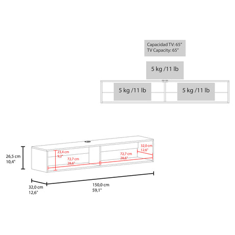 Rack de TV Avellana 150x26.5cm Flotante para TV Hasta 65" Pulgadas con Un Compartimiento - MUEBLES DE TV | Bylmo