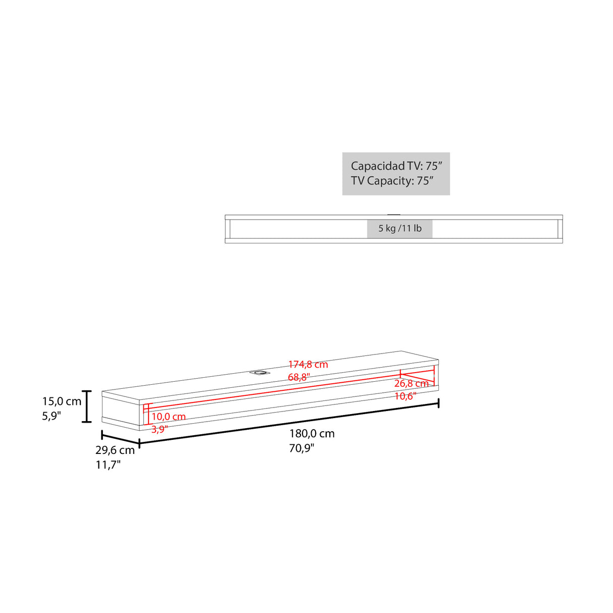 Rack de TV Luft Wengue 180x15cm Flotante para TV Hasta 75" Pulgadas con Un Compartimiento - MUEBLES DE TV | Bylmo